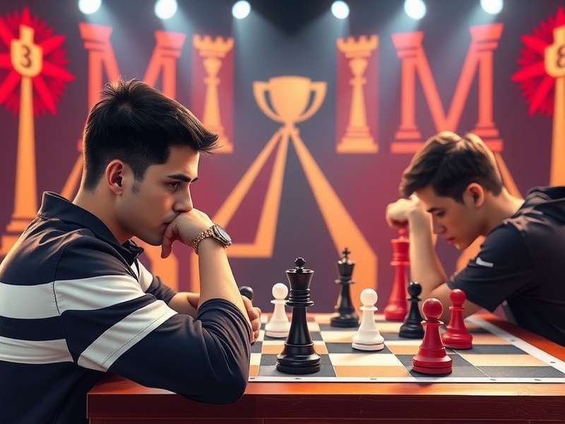 Grandmaster competing in a high-tech esports chess tournament with multiple screens