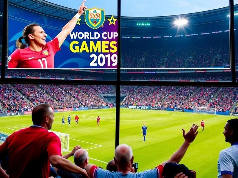 Fans watching a World Cup match on a large screen in a stadium