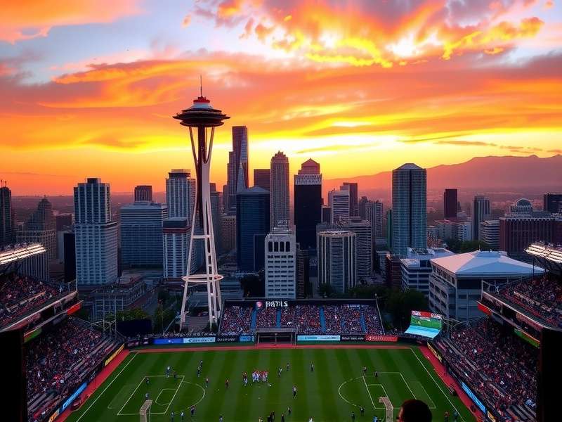 Lumen Field in Seattle illuminated at night, prepared for a major football match