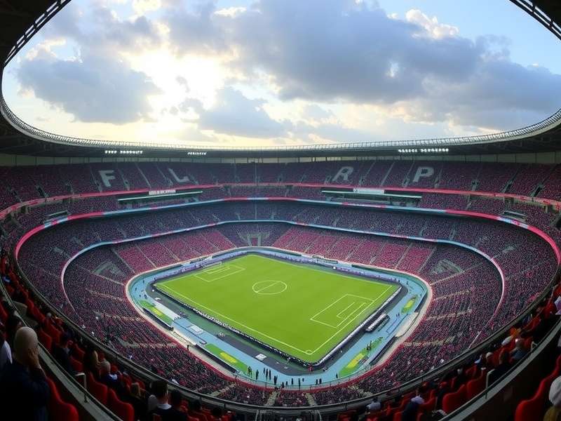 Bird's eye view of a massive modern football stadium during a World Cup match