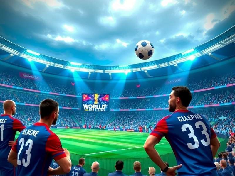 MetLife Stadium illuminated at night during a World Cup match, showcasing the iconic architecture and floodlights.