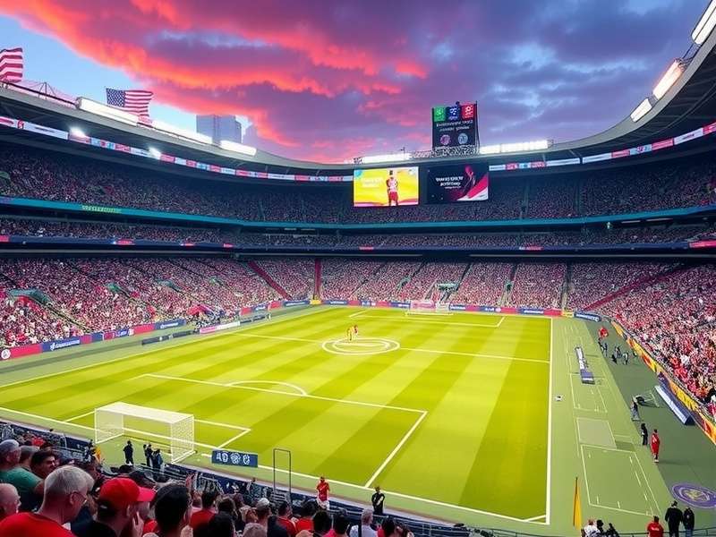 Hard Rock Stadium in Miami illuminated at dusk with World Cup 2025 branding and football imagery