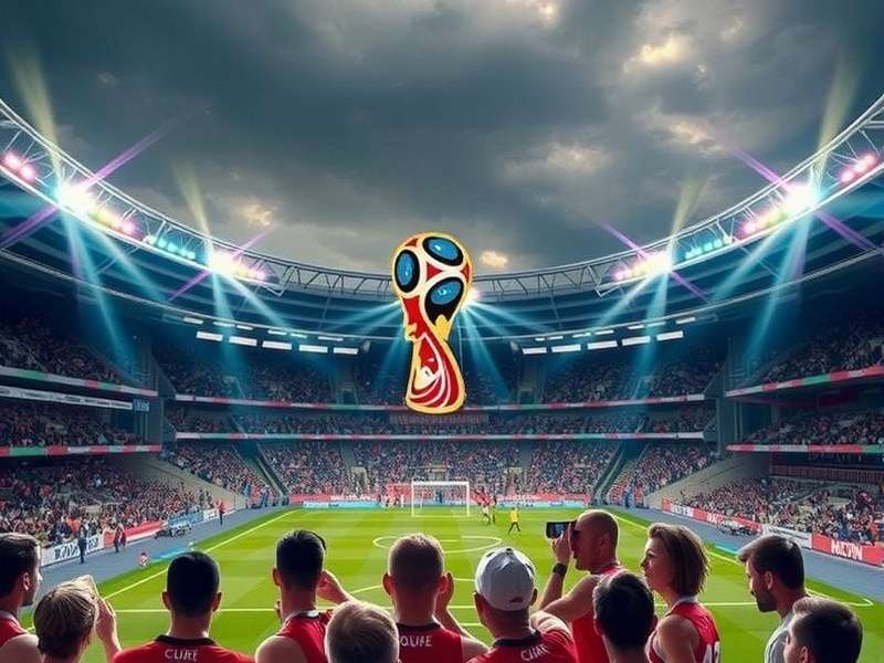 FIFA World Cup trophy on green grass under stadium lights